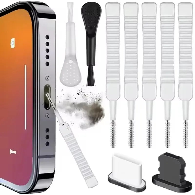 Kit Pulizia Smartphone – Spazzole, Tappi Antipolvere e Pennelli per iPhone, Samsung, Xiaomi