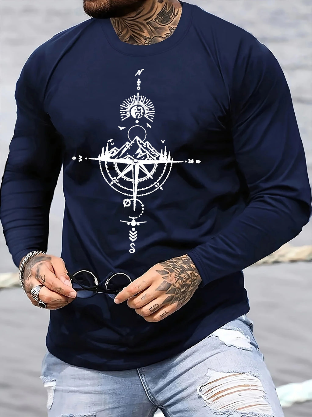 T-Shirt Uomo Manica Lunga in Cotone 100% – Girocollo Oversize con Stampa Montagna e Bussola