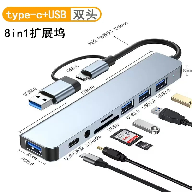 Hub USB-C 8 in 1 – 4 Porte USB, USB-C, Lettore TF/SD, Audio 3.5mm per MacBook, iPad Pro e iPhone 15