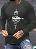 T-Shirt Uomo Manica Lunga in Cotone 100% – Girocollo Oversize con Stampa Montagna e Bussola