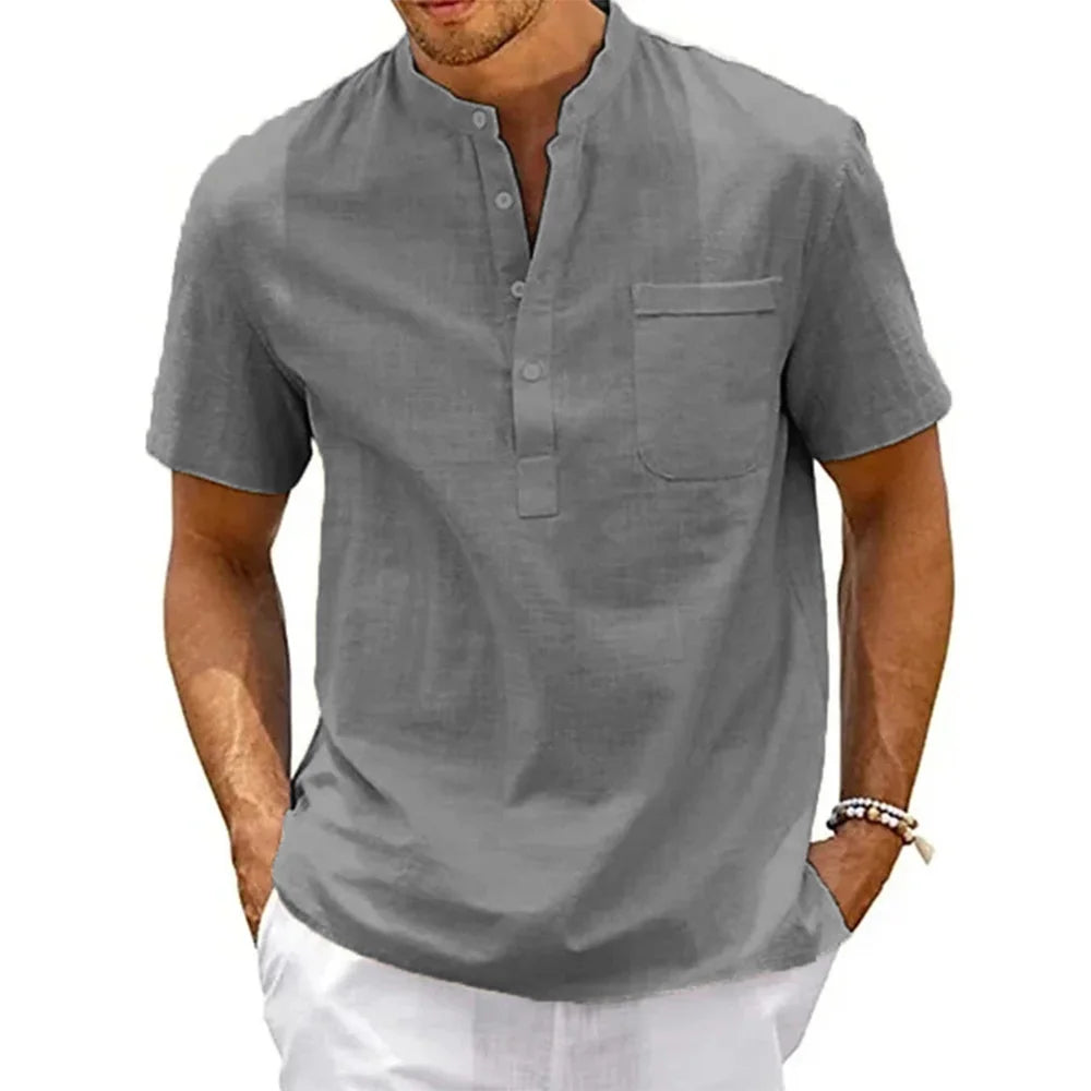 Men's Cotton Linen Henley Shirt – Short Sleeve, Casual Beach Style
