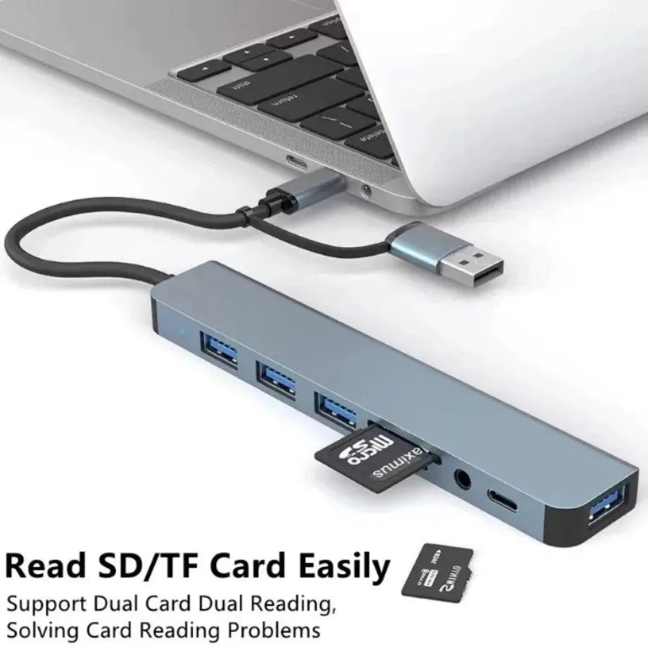 TYPE-C Hub USB3.0 Hub 8-in-2 USB-Verteiler mit SD/TF-Kartenleser & 3,5-mm-Audiobuchse für MacBook/PC/Laptop/Tablet-Geräte Splitter