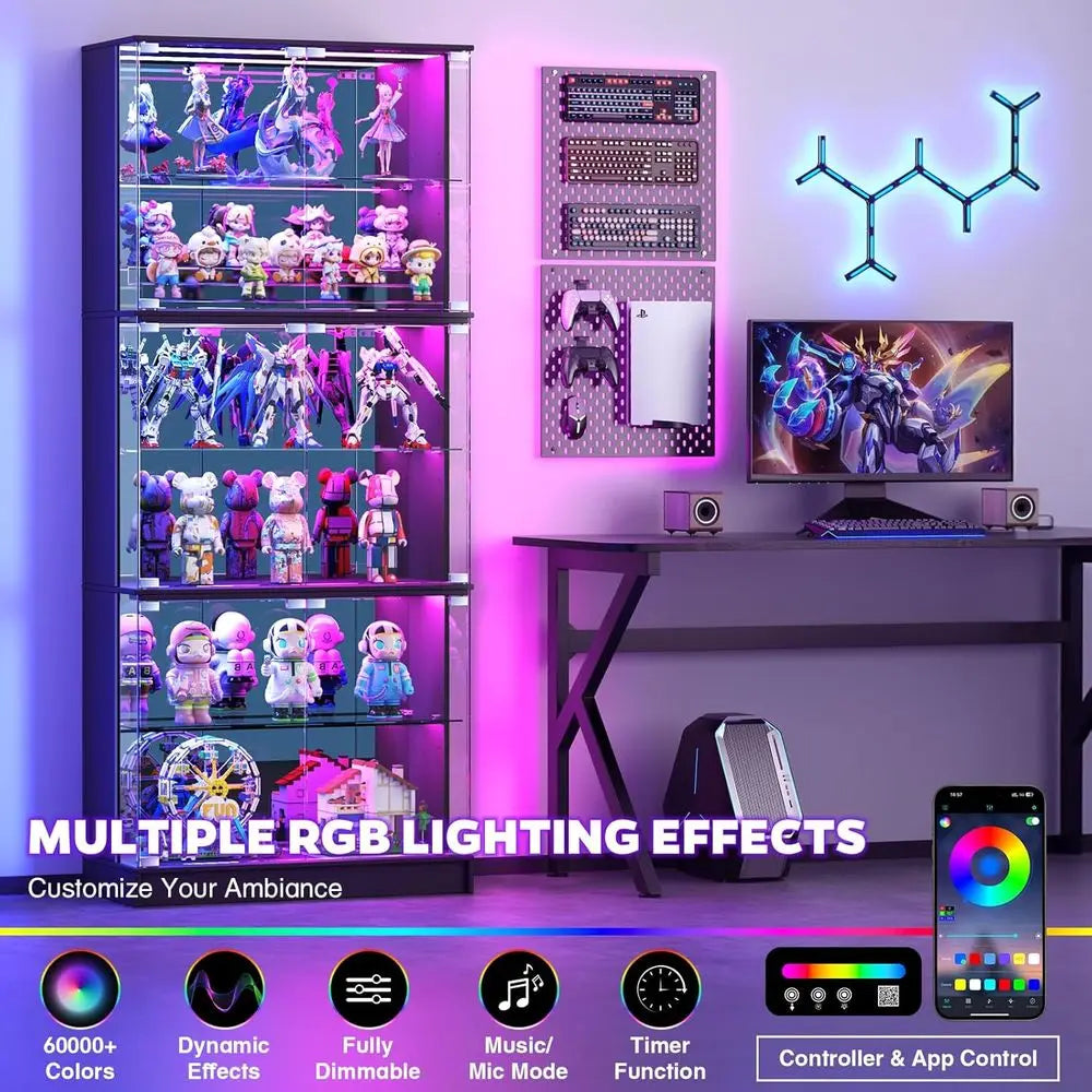Vetrina Espositiva 6 Ripiani 180cm con Luci RGB e Specchio