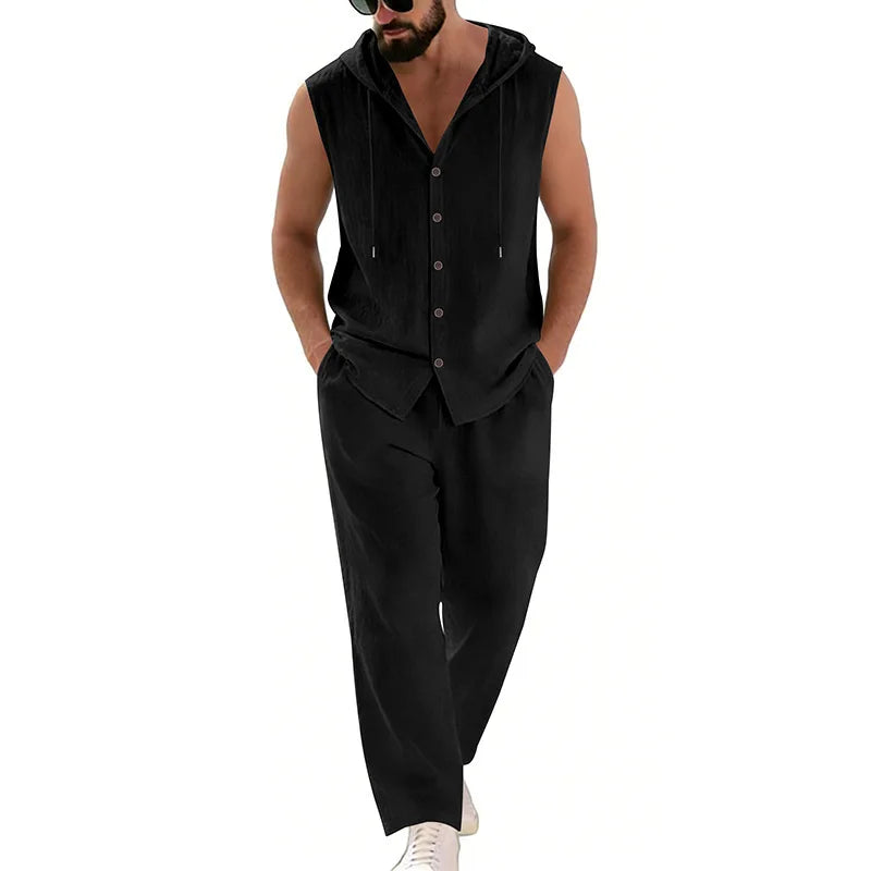 Men's Linen Hoodie & Pants Set – Breathable Casual Suit