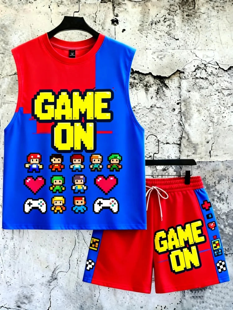 Completo Uomo 2 Pezzi Canotta Smanicata e Pantaloncino – Stampa Pixel "Game On" Fit Ampio per l’Estate