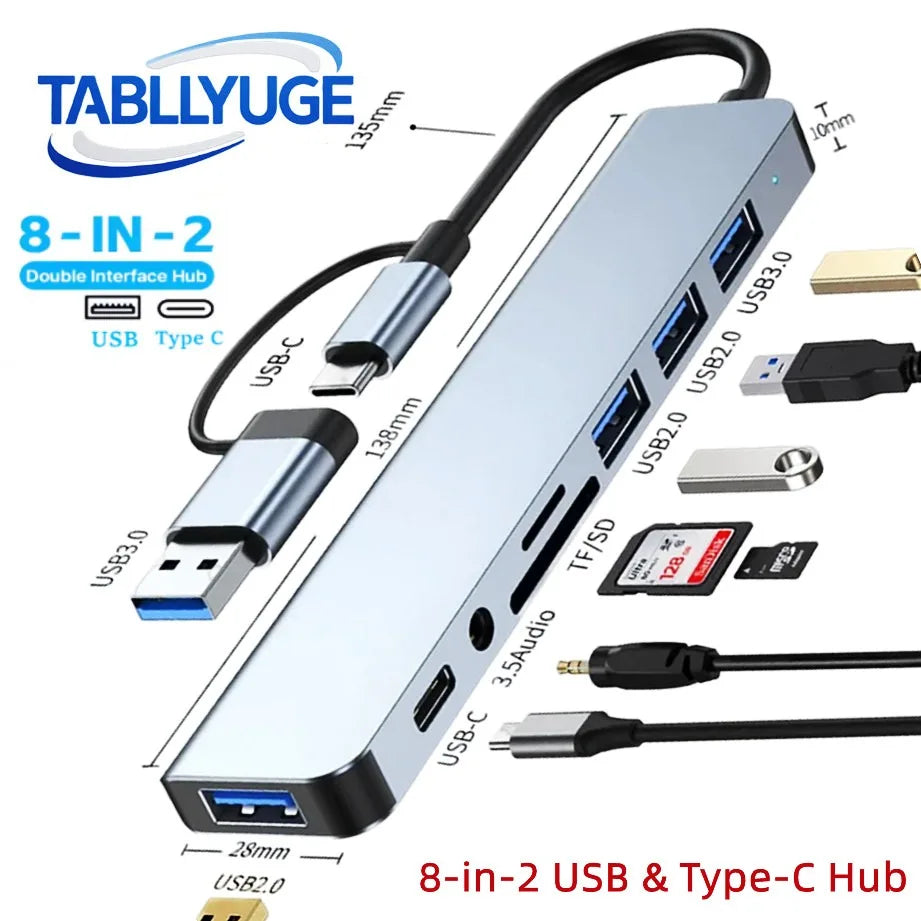 TYPE-C Hub USB3.0 Hub 8-in-2 USB-Verteiler mit SD/TF-Kartenleser & 3,5-mm-Audiobuchse für MacBook/PC/Laptop/Tablet-Geräte Splitter