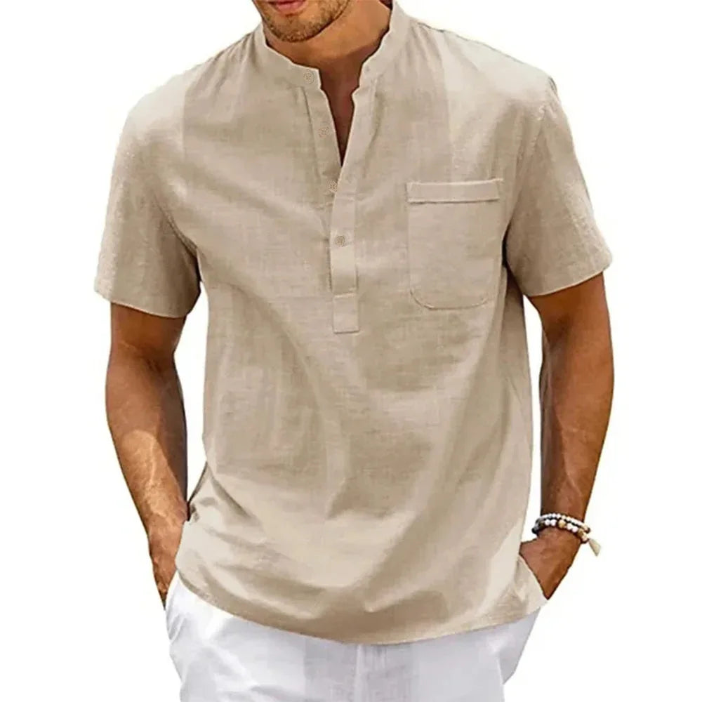Men's Cotton Linen Henley Shirt – Short Sleeve, Casual Beach Style