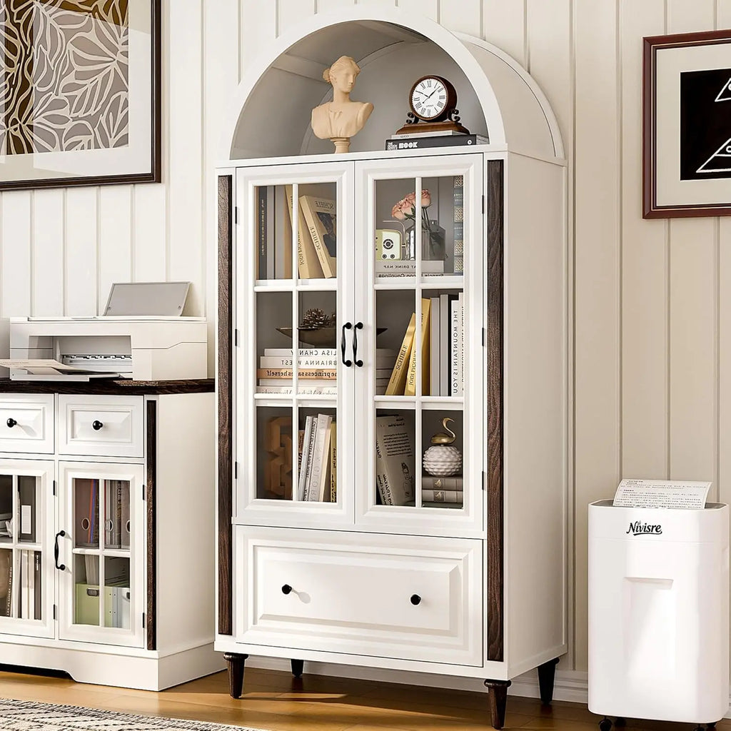 Libreria ad Arco Artigianale 180cm con Porte in Vetro e Cassetto