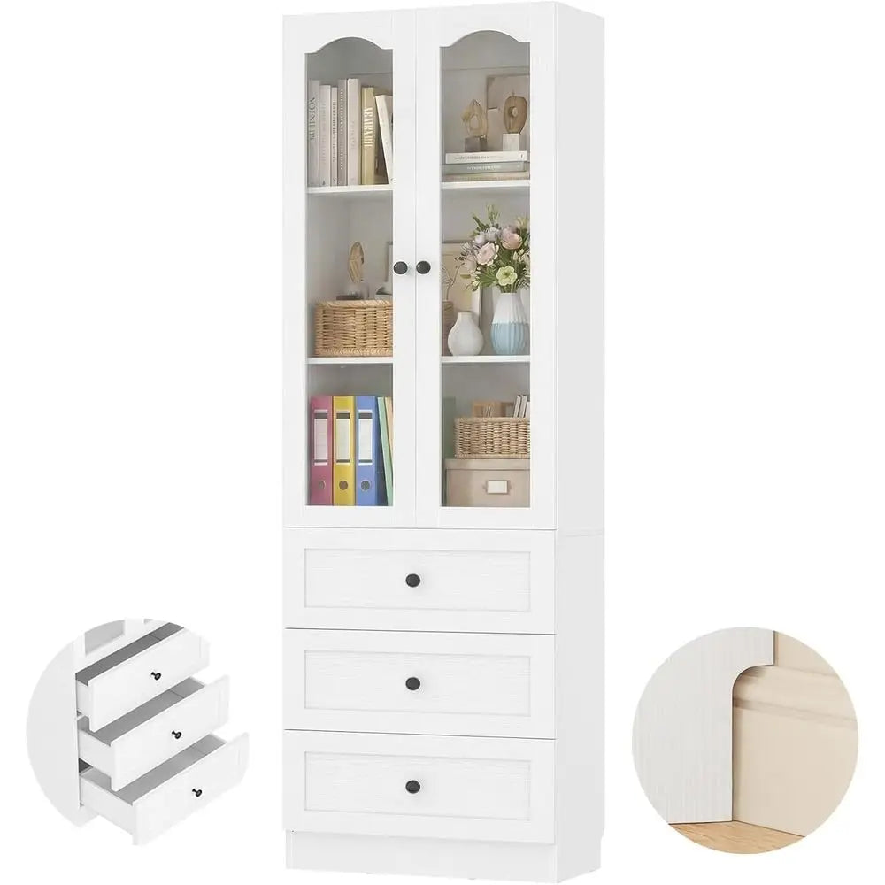 Libreria Alta 203cm con Porte in Vetro e Cassetti – Bianco