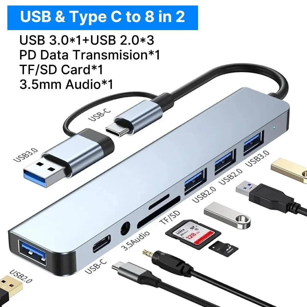Hub USB-C 8 in 1 – 4 Porte USB, USB-C, Lettore TF/SD, Audio 3.5mm per MacBook, iPad Pro e iPhone 15