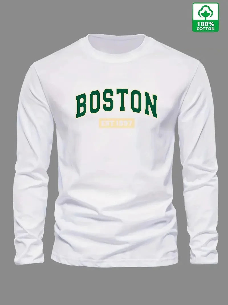 Herren-T-Shirt aus 100 % Baumwolle – Boston EST 1997 Print, Rundhalsausschnitt, Langarm