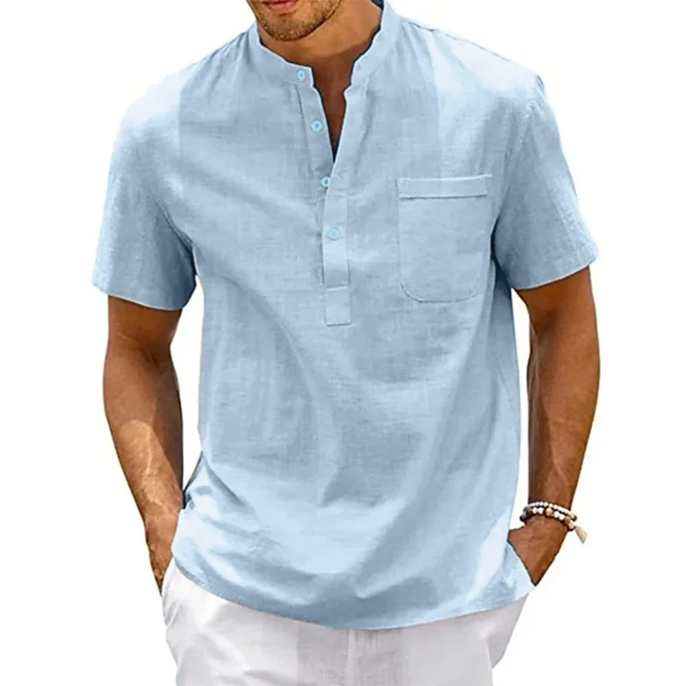 Men's Cotton Linen Henley Shirt – Short Sleeve, Casual Beach Style