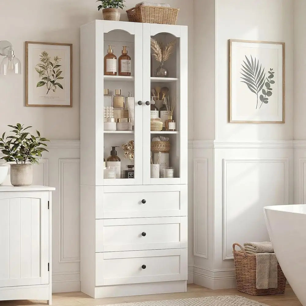Libreria Alta 203cm con Porte in Vetro e Cassetti – Bianco