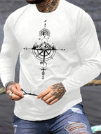 T-Shirt Uomo Manica Lunga in Cotone 100% – Girocollo Oversize con Stampa Montagna e Bussola
