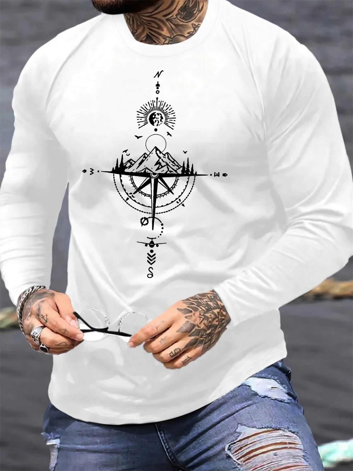 T-Shirt Uomo Manica Lunga in Cotone 100% – Girocollo Oversize con Stampa Montagna e Bussola
