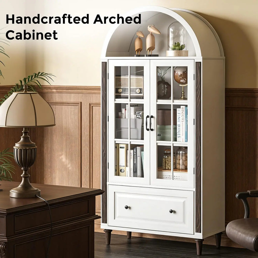 Libreria ad Arco Artigianale 180cm con Porte in Vetro e Cassetto