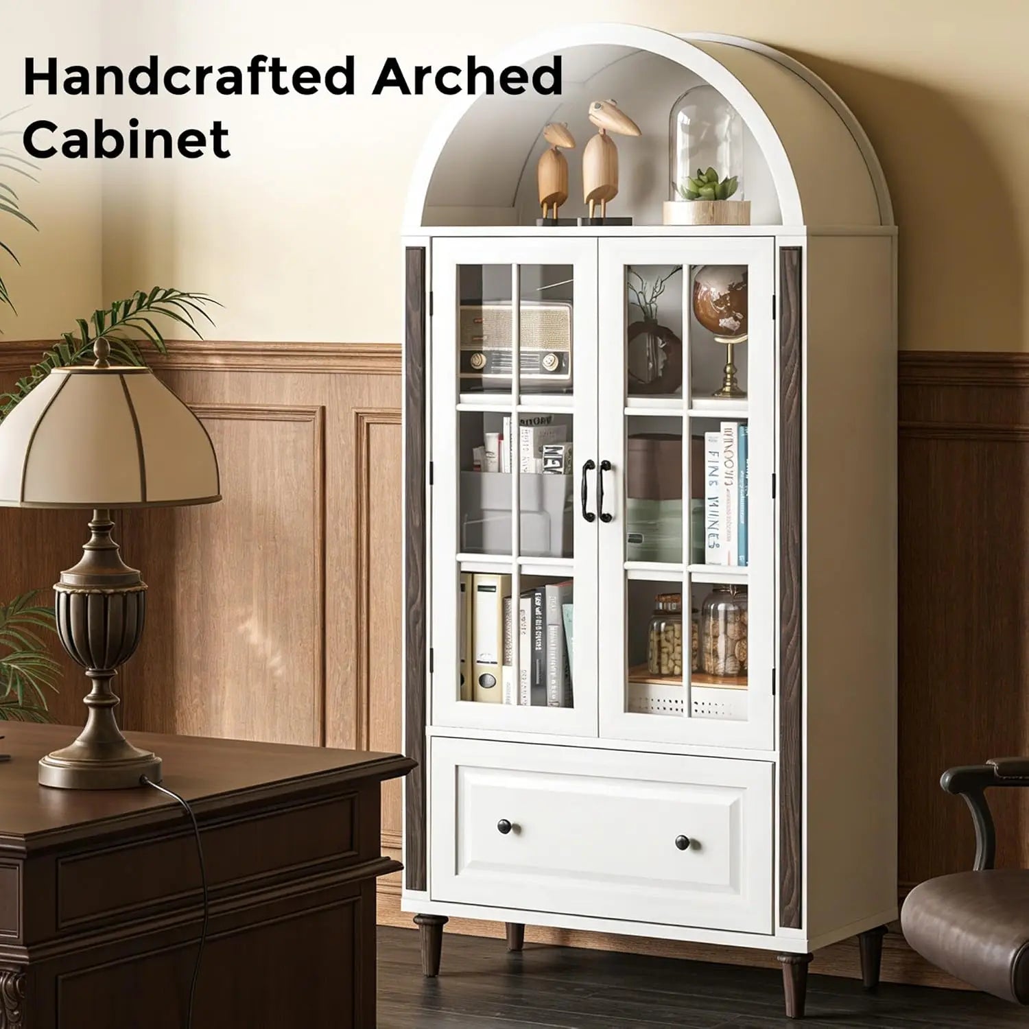 Libreria ad Arco Artigianale 180cm con Porte in Vetro e Cassetto