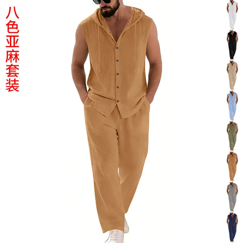 Men's Linen Hoodie & Pants Set – Breathable Casual Suit