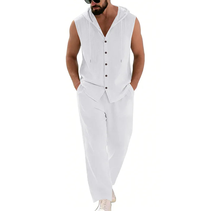 Men's Linen Hoodie & Pants Set – Breathable Casual Suit