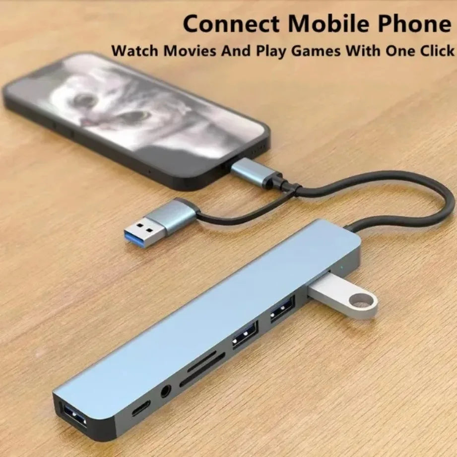 TYPE-C Hub USB3.0 Hub 8-in-2 USB-Verteiler mit SD/TF-Kartenleser & 3,5-mm-Audiobuchse für MacBook/PC/Laptop/Tablet-Geräte Splitter