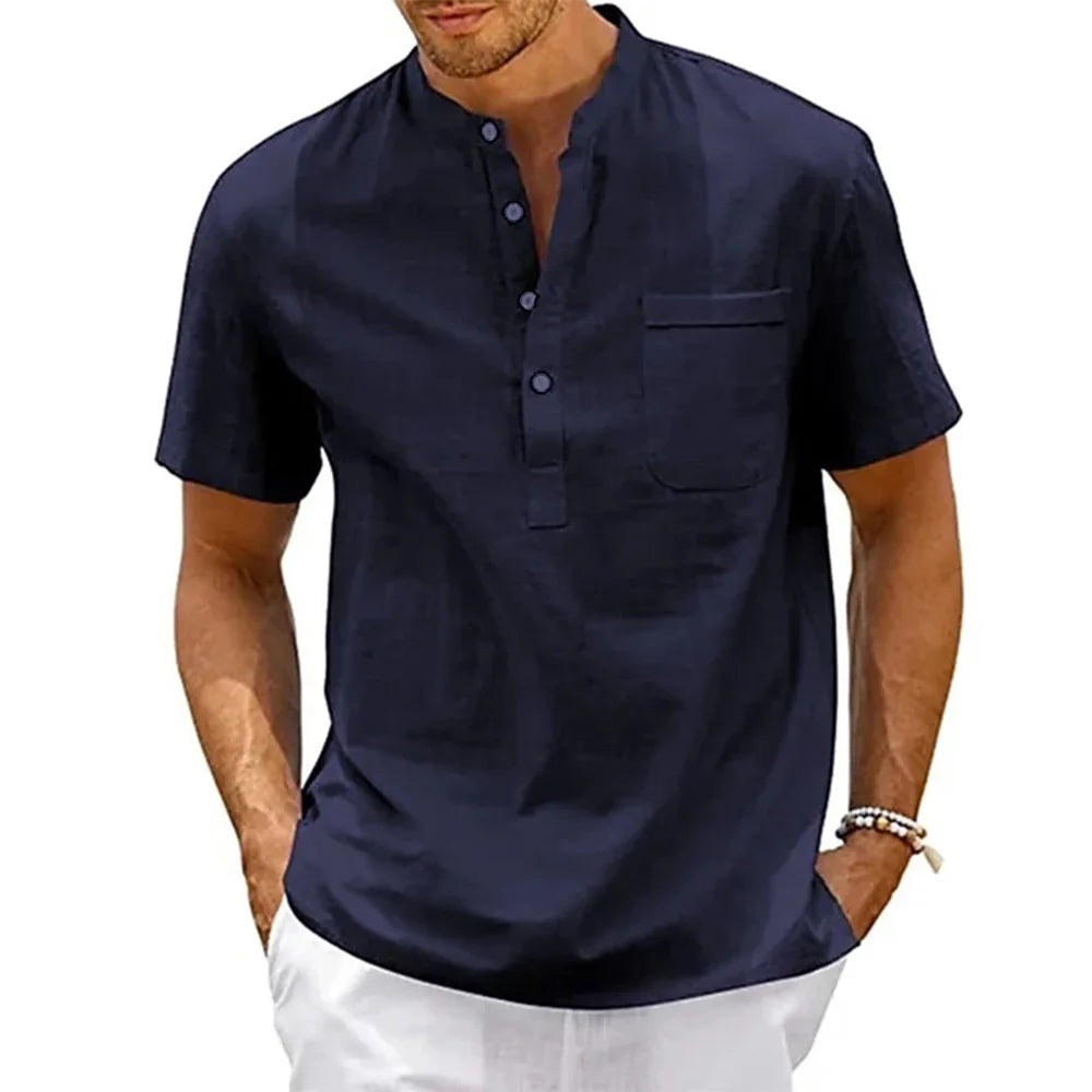 Men's Cotton Linen Henley Shirt – Short Sleeve, Casual Beach Style