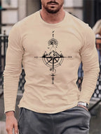 T-Shirt Uomo Manica Lunga in Cotone 100% – Girocollo Oversize con Stampa Montagna e Bussola