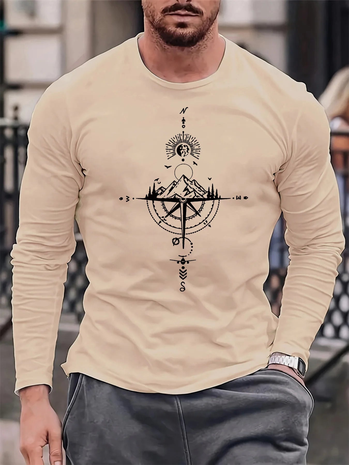 T-Shirt Uomo Manica Lunga in Cotone 100% – Girocollo Oversize con Stampa Montagna e Bussola