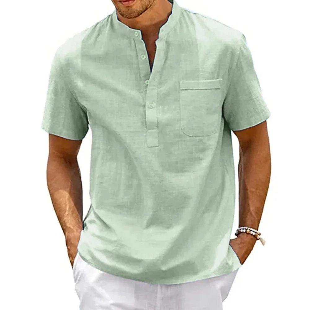 Men's Cotton Linen Henley Shirt – Short Sleeve, Casual Beach Style