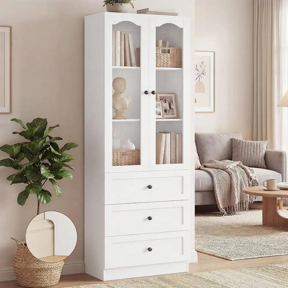 Libreria Alta 203cm con Porte in Vetro e Cassetti – Bianco