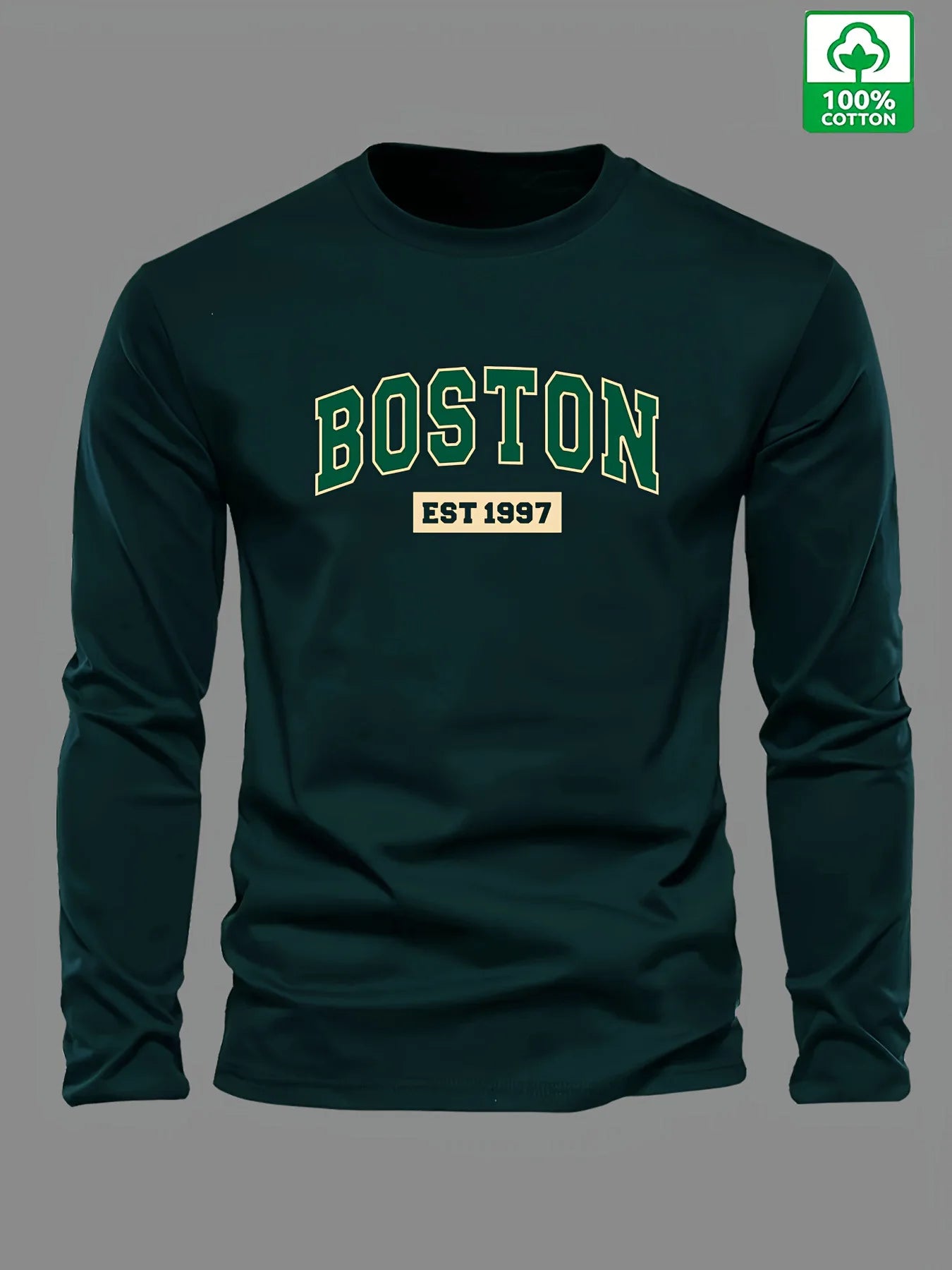 Herren-T-Shirt aus 100 % Baumwolle – Boston EST 1997 Print, Rundhalsausschnitt, Langarm