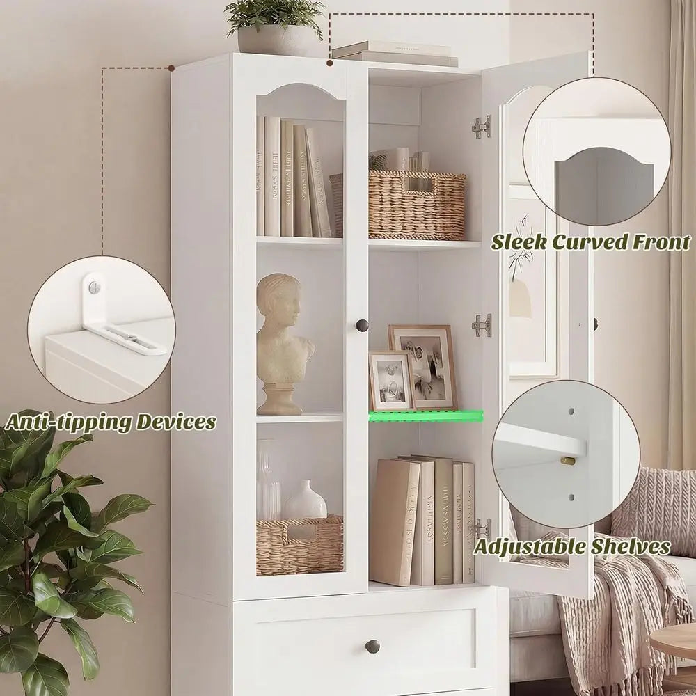 Libreria Alta 203cm con Porte in Vetro e Cassetti – Bianco