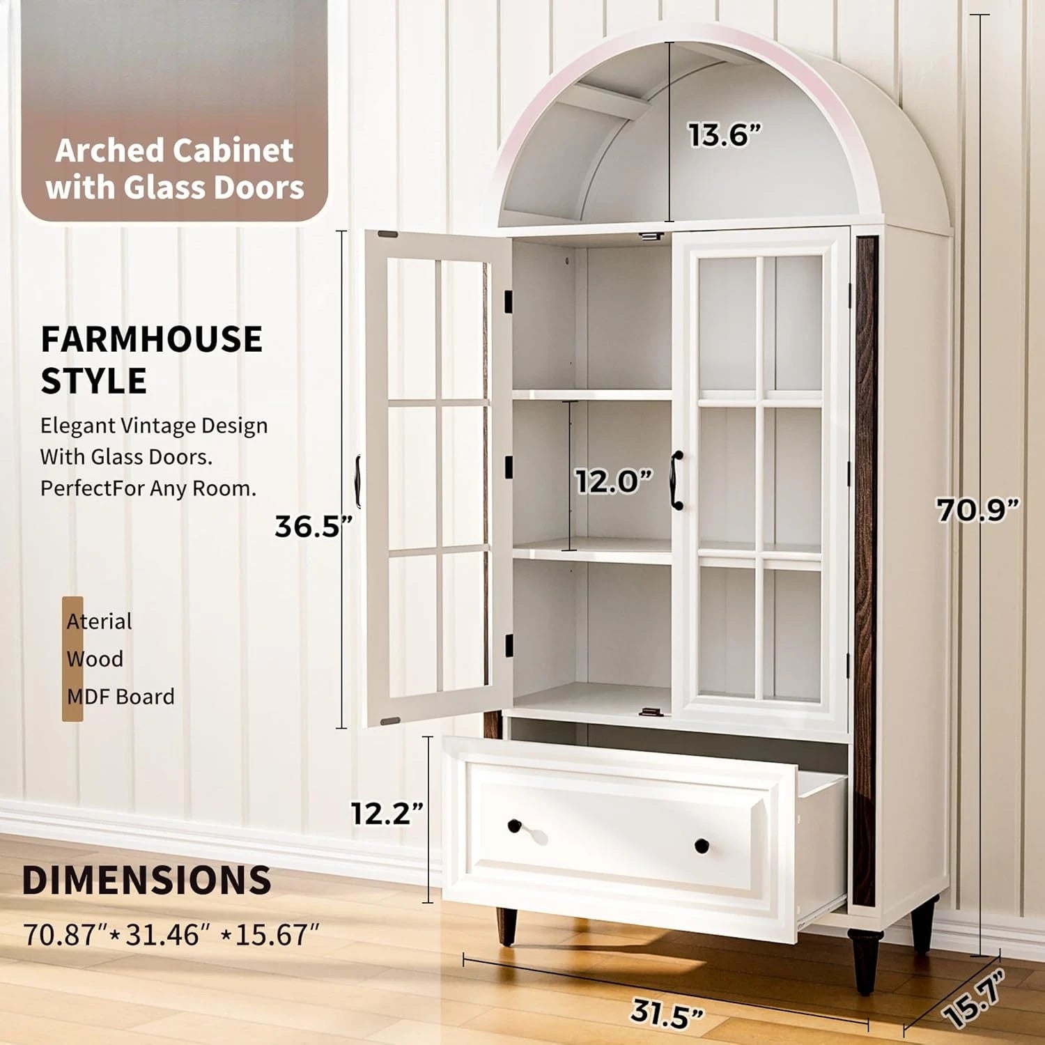 Libreria ad Arco Artigianale 180cm con Porte in Vetro e Cassetto