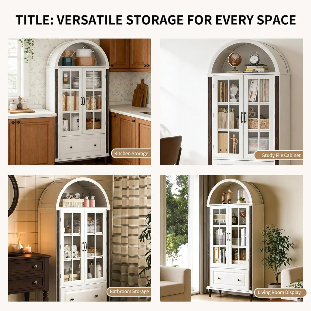 Libreria ad Arco Artigianale 180cm con Porte in Vetro e Cassetto