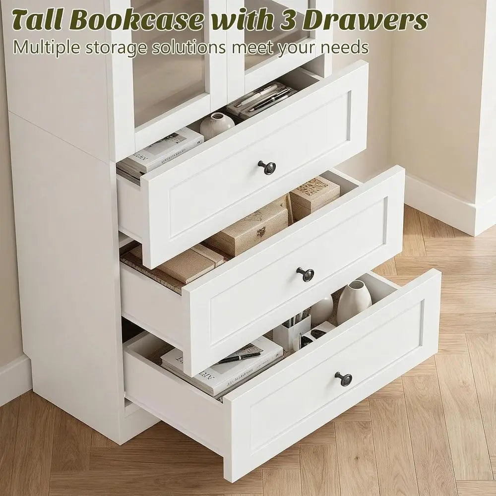 Libreria Alta 203cm con Porte in Vetro e Cassetti – Bianco