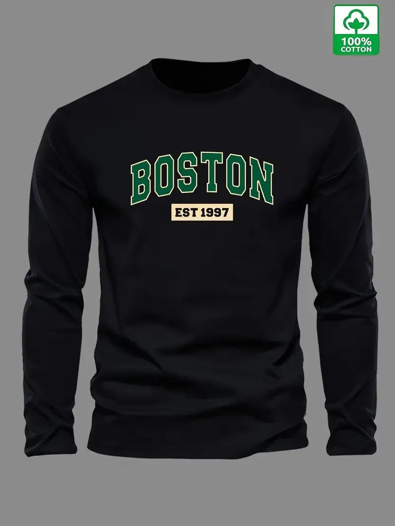 Herren-T-Shirt aus 100 % Baumwolle – Boston EST 1997 Print, Rundhalsausschnitt, Langarm