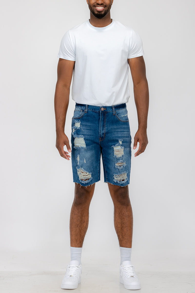 Washed Distressed Denim Shorts — Men's Casual