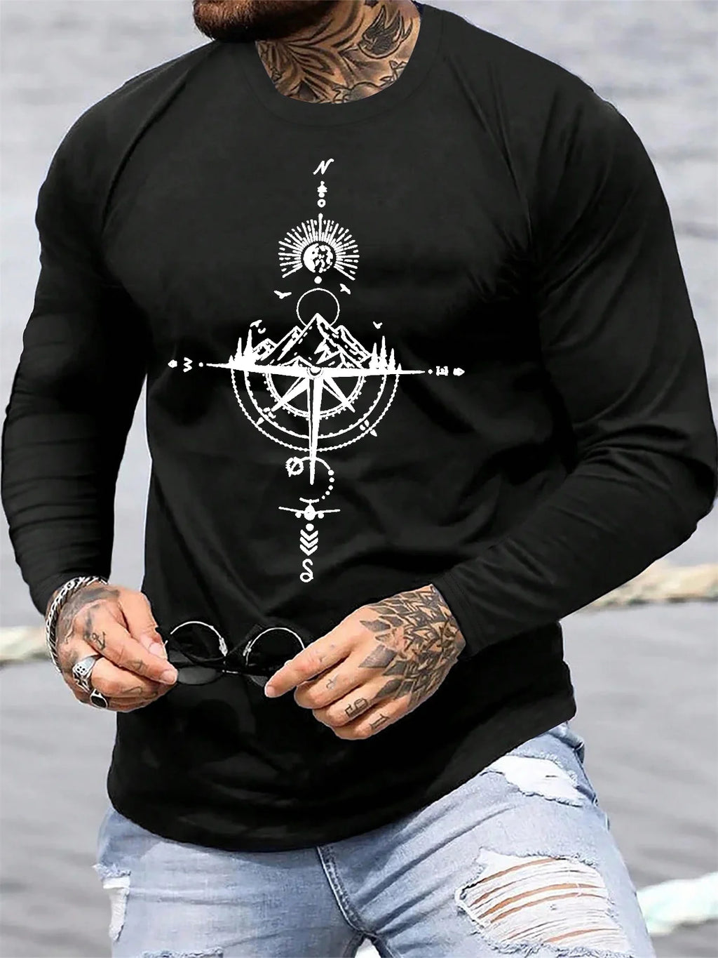 T-Shirt Uomo Manica Lunga in Cotone 100% – Girocollo Oversize con Stampa Montagna e Bussola