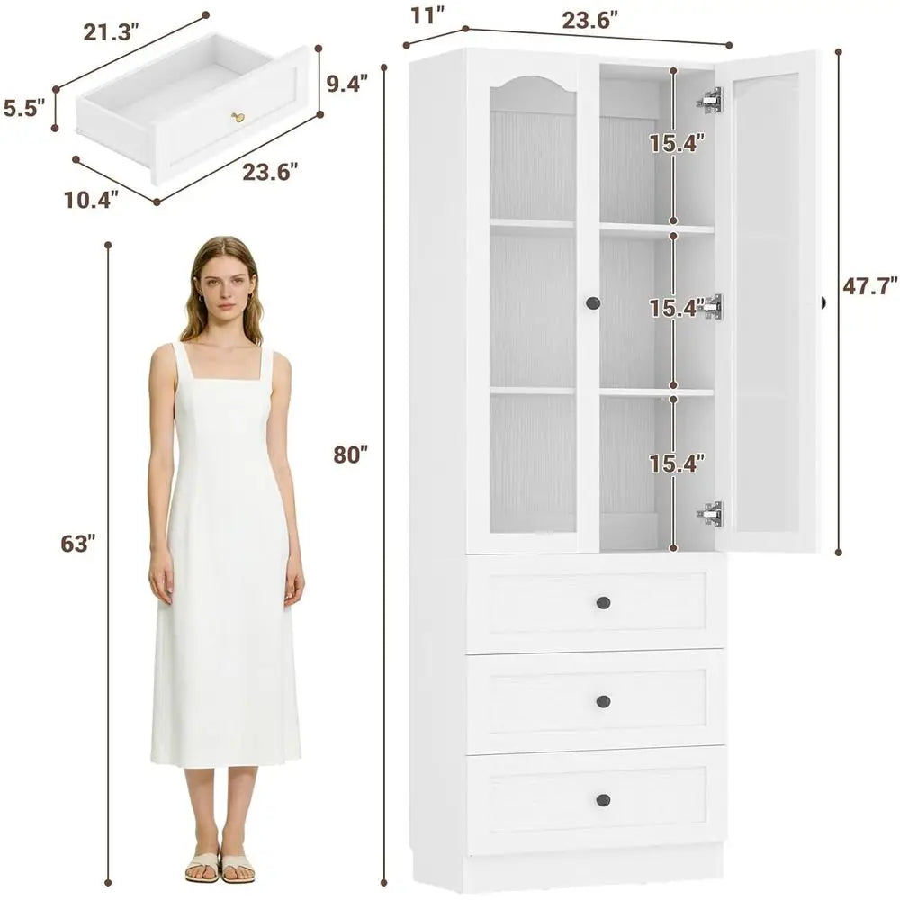 Libreria Alta 203cm con Porte in Vetro e Cassetti – Bianco