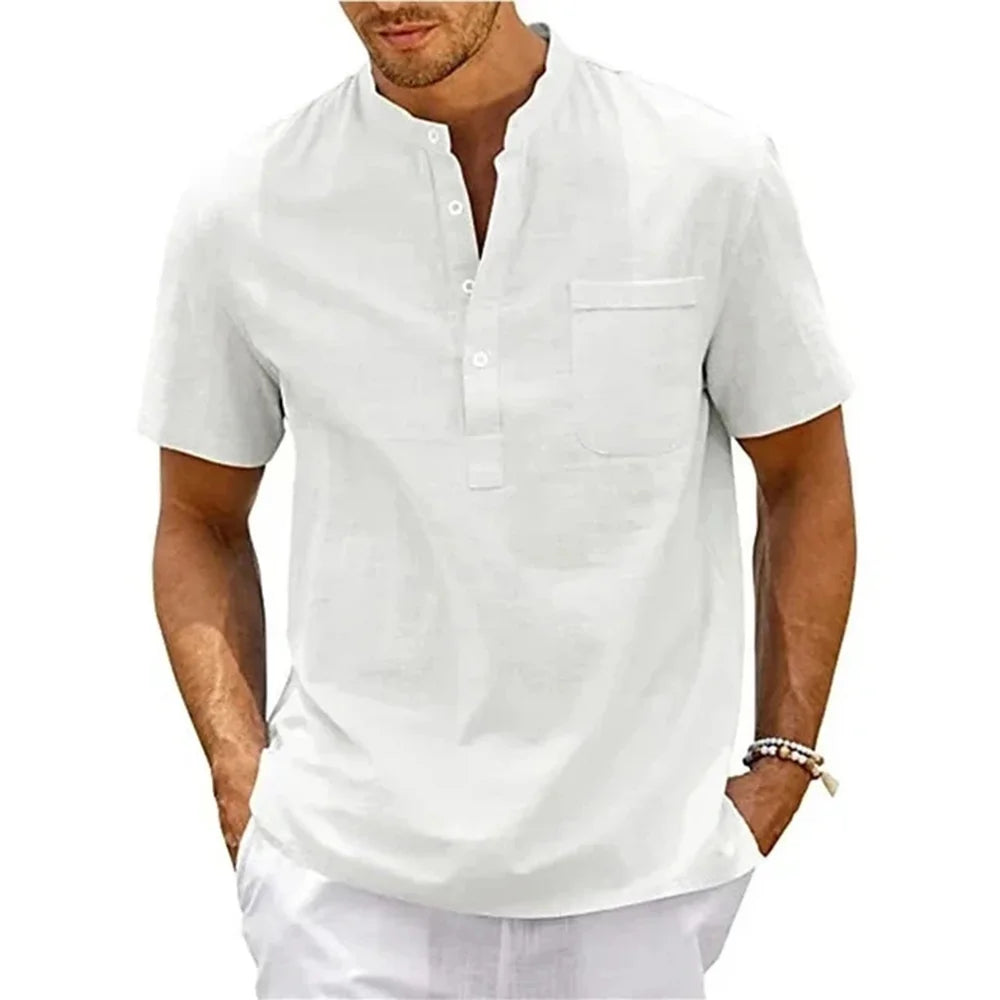 Men's Cotton Linen Henley Shirt – Short Sleeve, Casual Beach Style