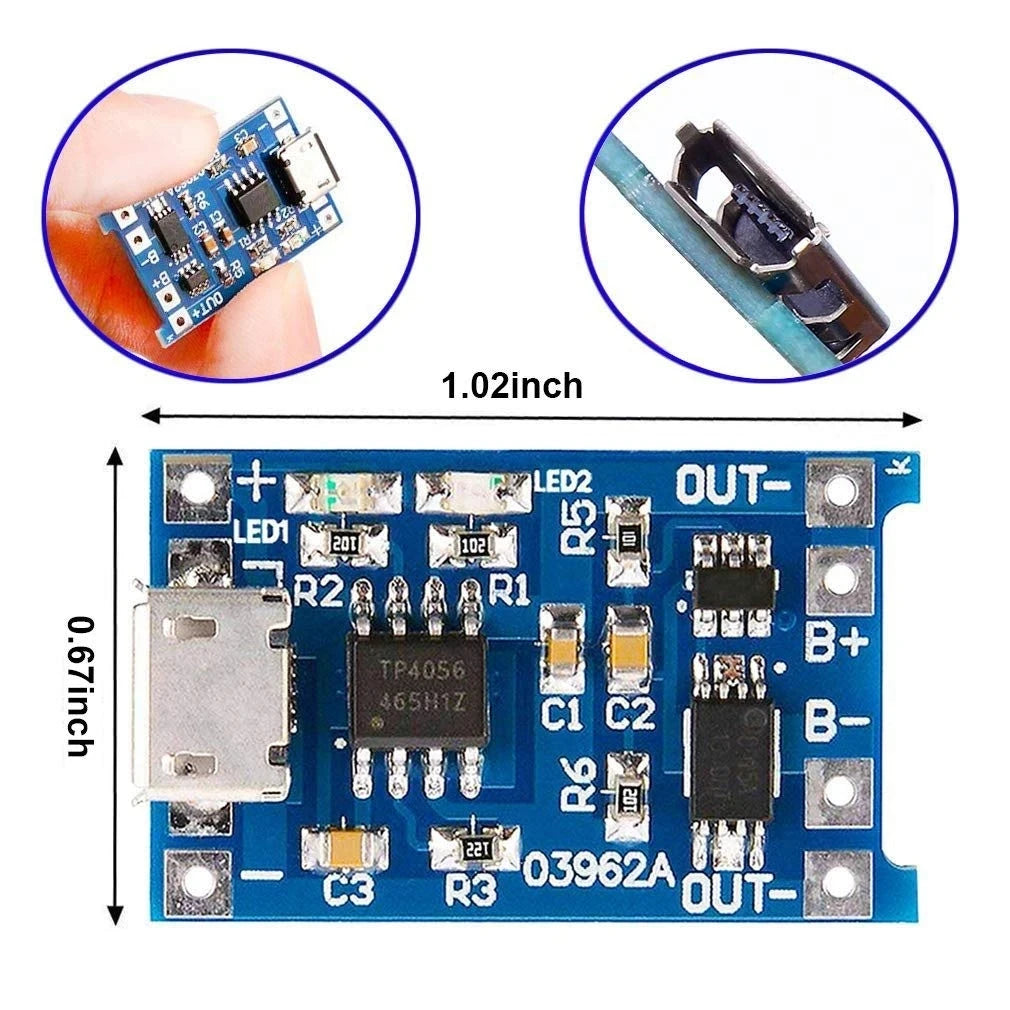 Modulo Caricabatterie TP4056 18650 con Protezione – Micro USB / Type-C / Mini USB