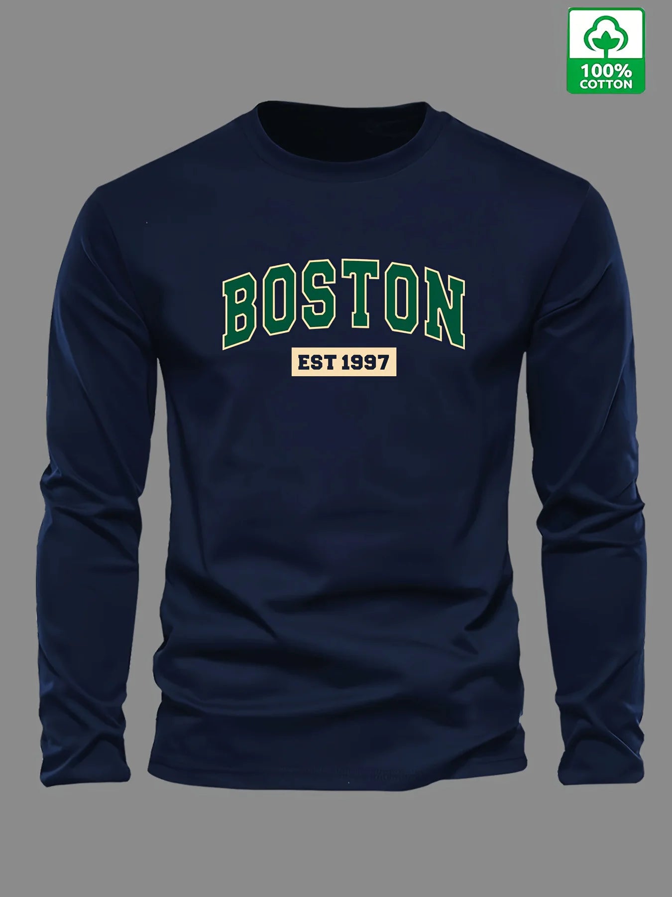 Herren-T-Shirt aus 100 % Baumwolle – Boston EST 1997 Print, Rundhalsausschnitt, Langarm
