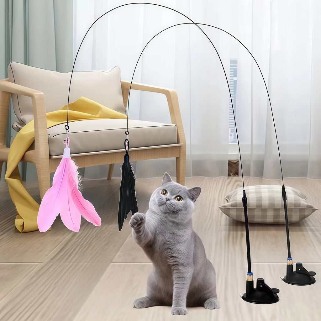 Giocattolo Teaser per Gatti con Piume e Campanellino – Ventosa e Asta Estensibile