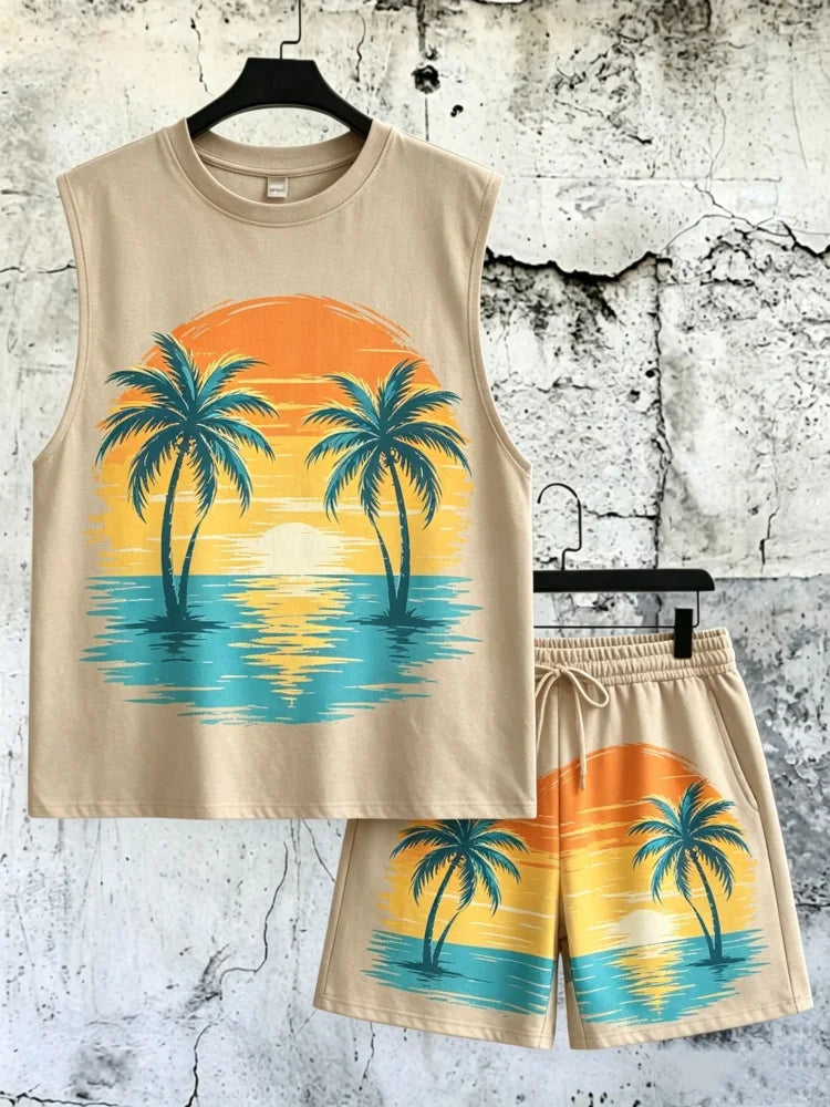 Men's 2-Piece Summer Set – Sleeveless Tank & Shorts with Palm Tree Print