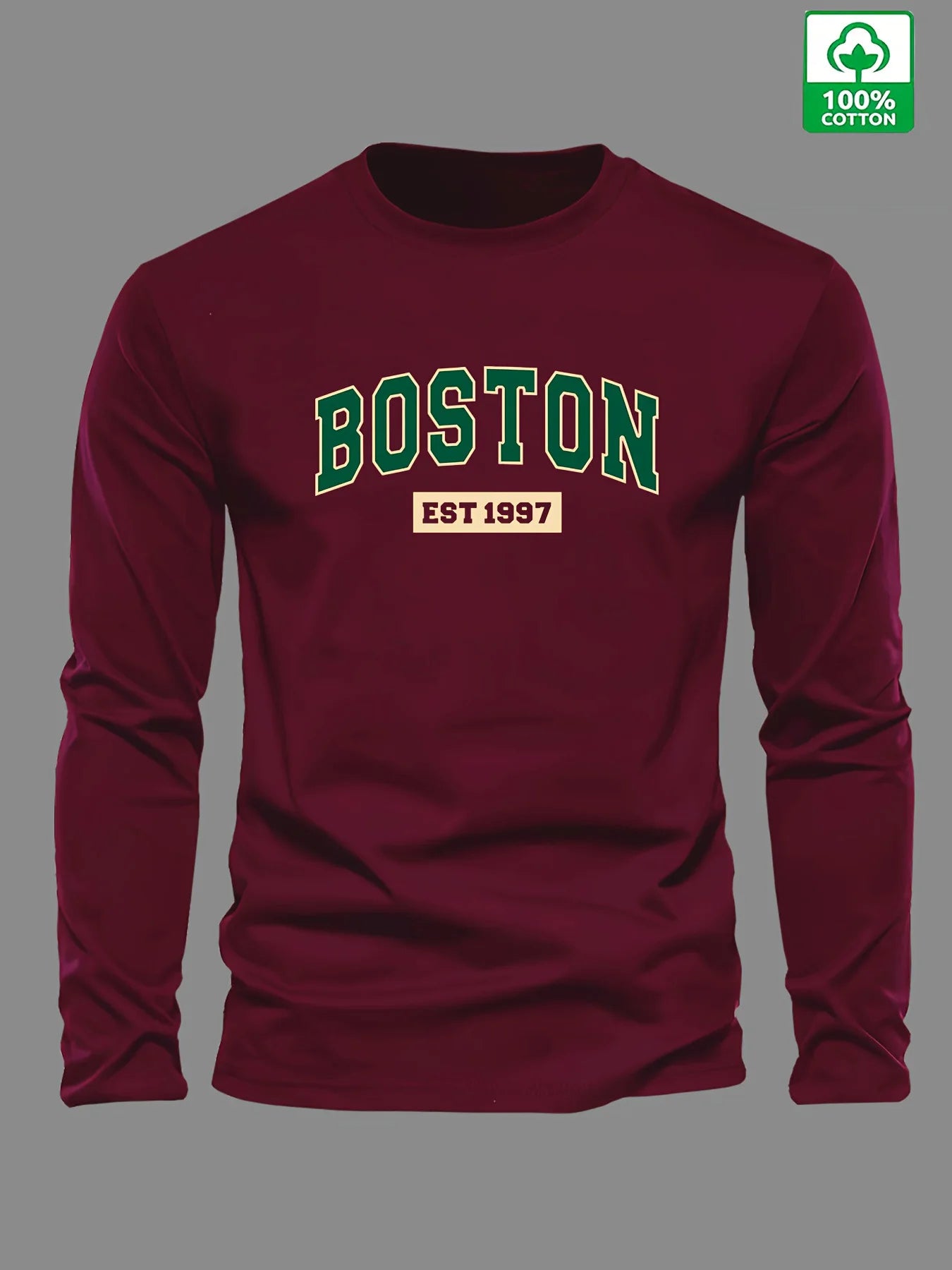 Herren-T-Shirt aus 100 % Baumwolle – Boston EST 1997 Print, Rundhalsausschnitt, Langarm