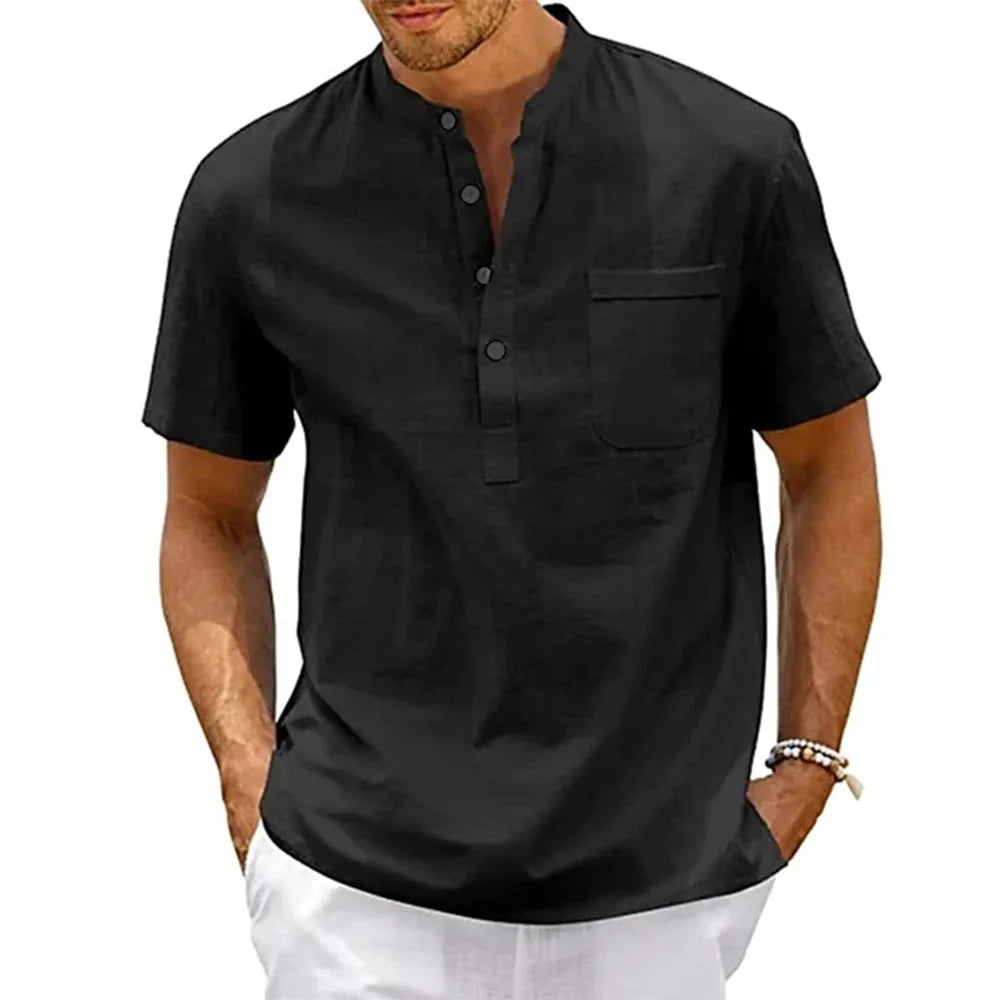Men's Cotton Linen Henley Shirt – Short Sleeve, Casual Beach Style