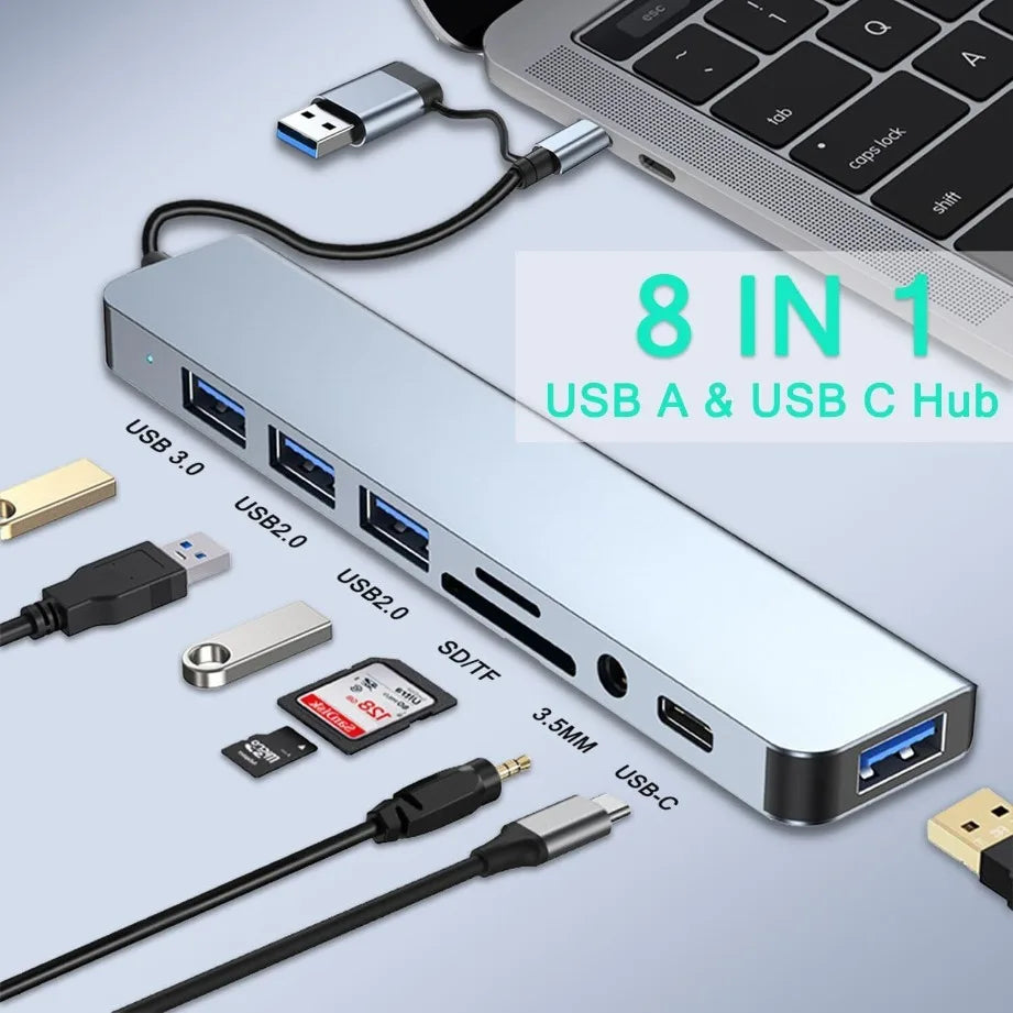TYPE-C Hub USB3.0 Hub 8-in-2 USB-Verteiler mit SD/TF-Kartenleser & 3,5-mm-Audiobuchse für MacBook/PC/Laptop/Tablet-Geräte Splitter