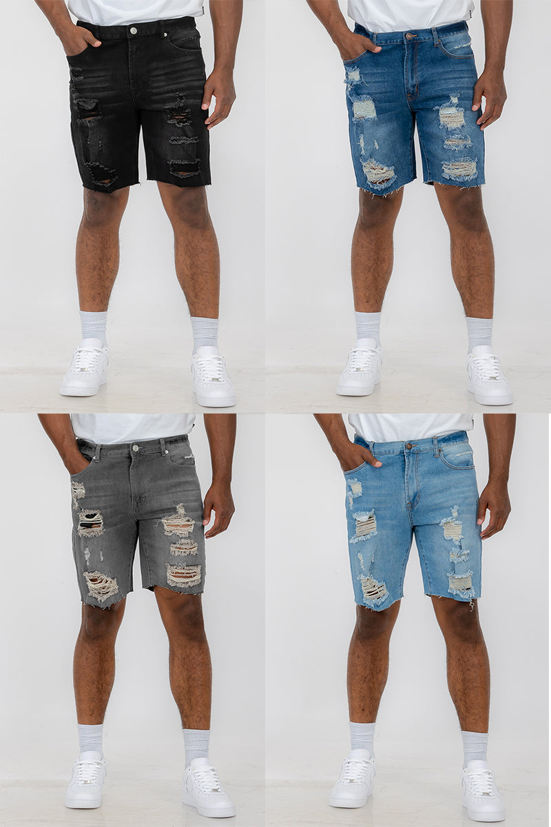 Washed Distressed Denim Shorts — Men's Casual